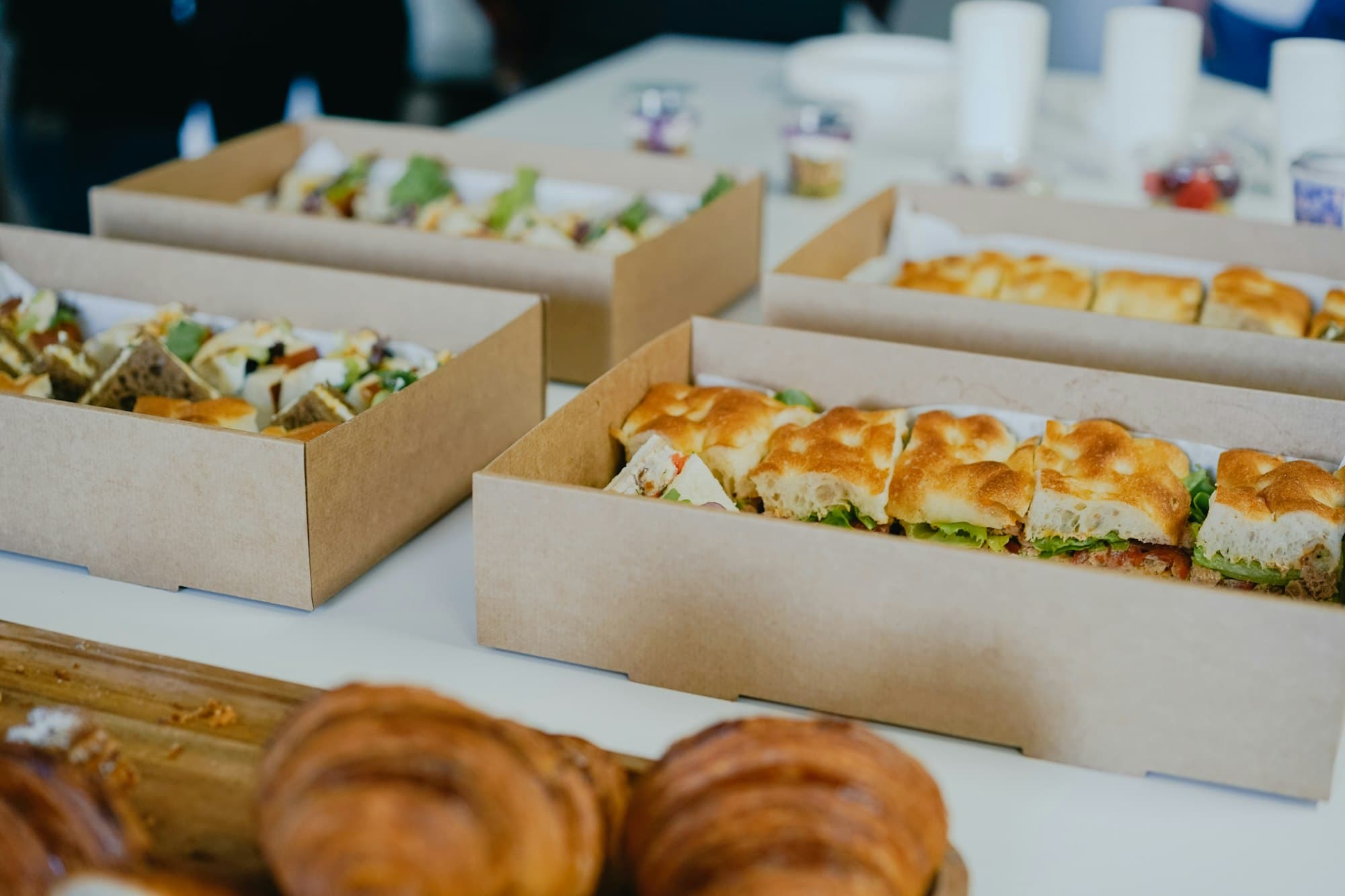Boxed catering sandwiches spread